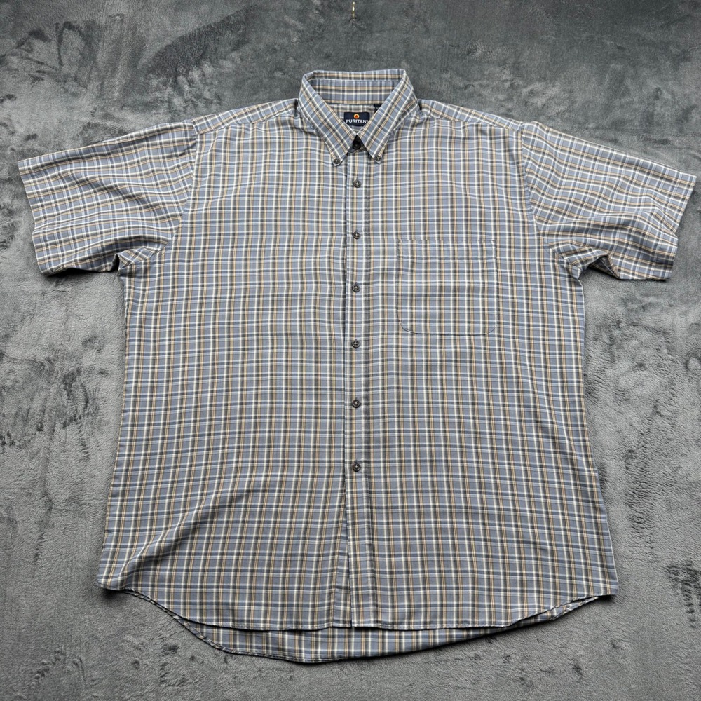 Puritan Mens XL Blue Tan Plaid Short Sleeve Button Down Shirt Collared Pocket